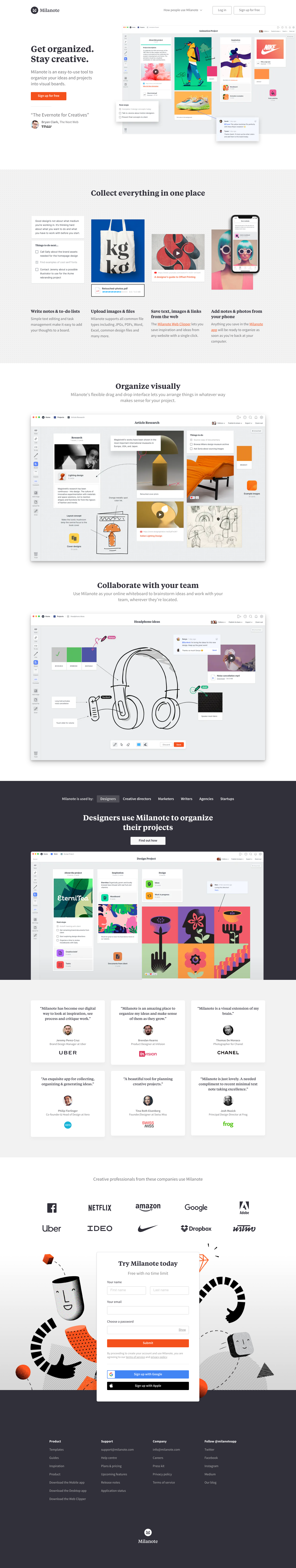 Milanote Landing Page screenshot