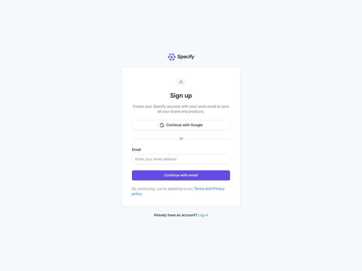 Specify Signup screenshot