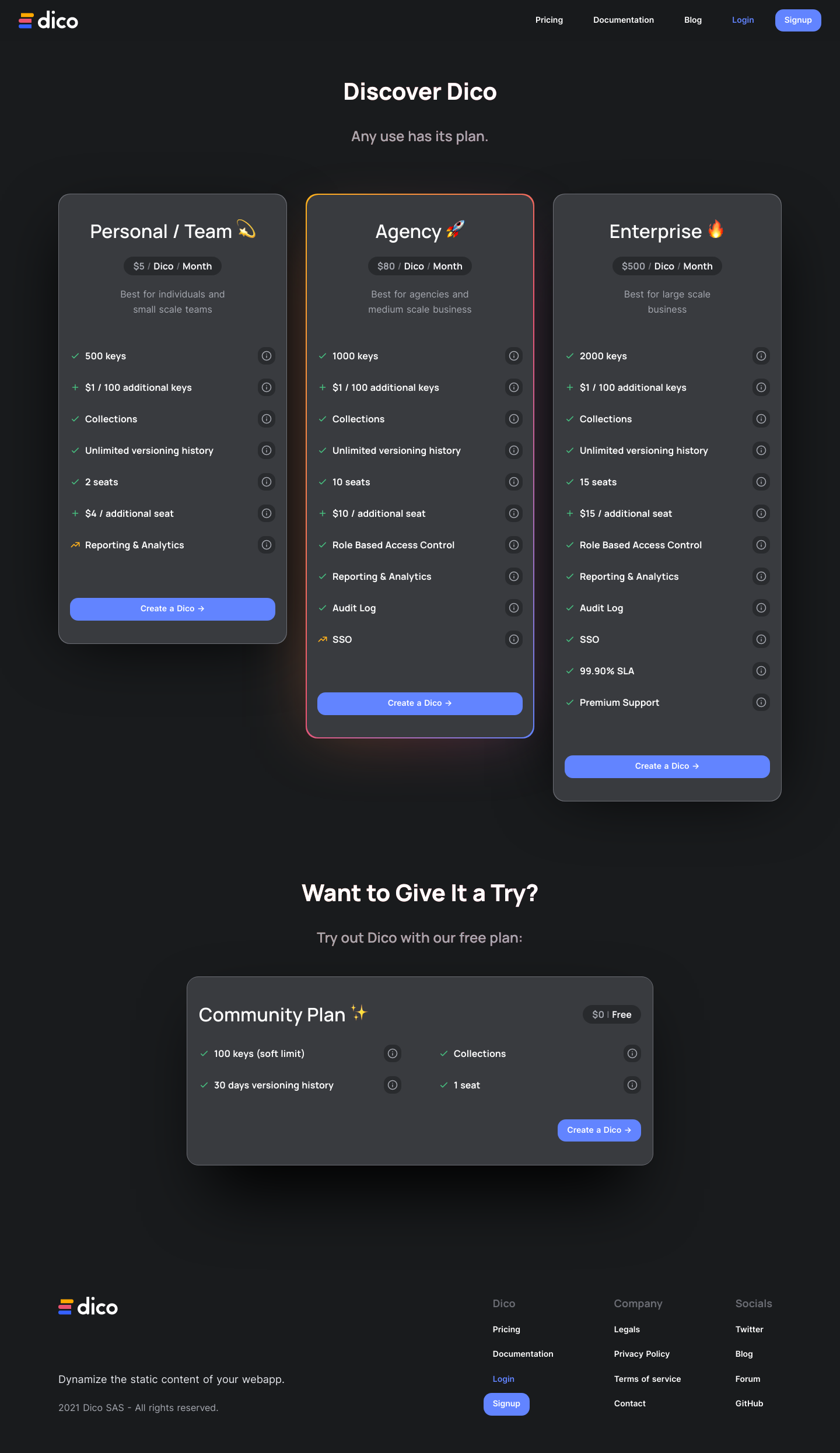 Dico Pricing screenshot