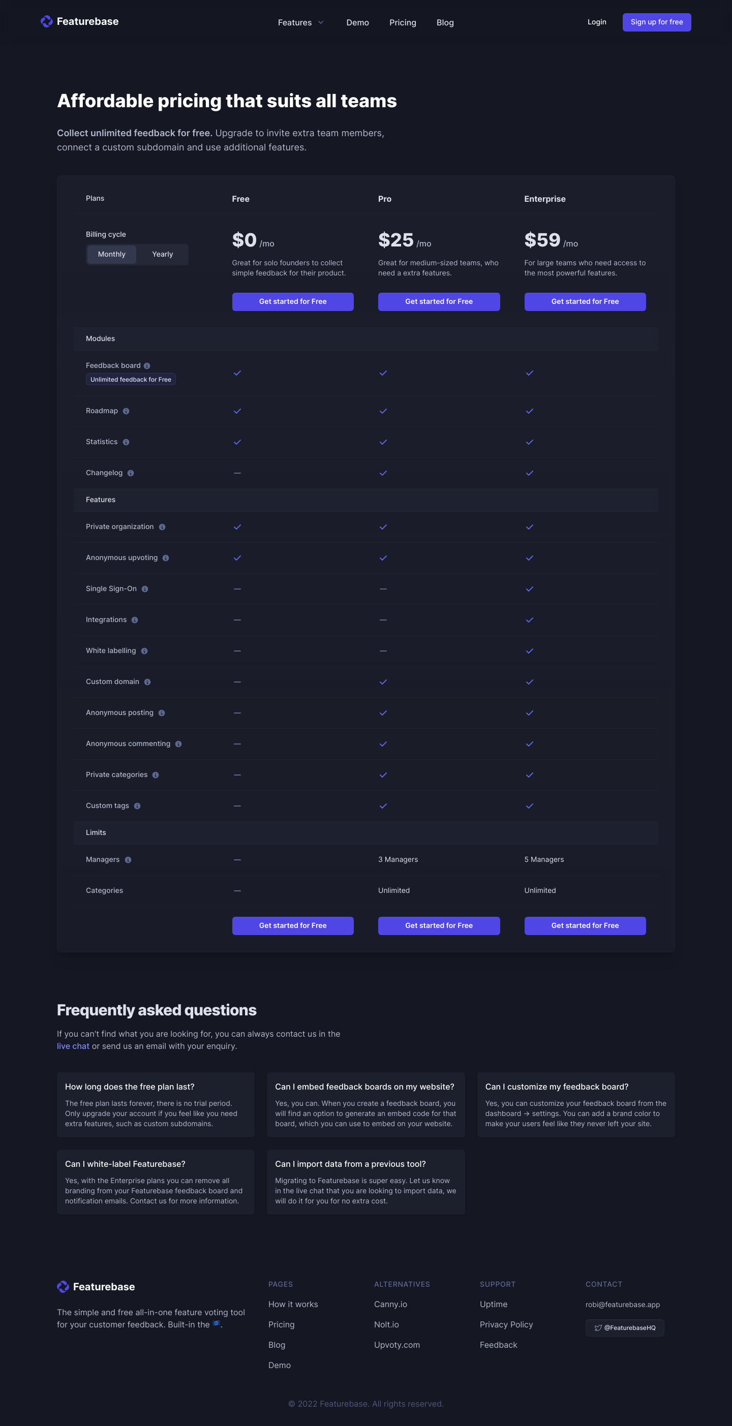 Featurebase Pricing screenshot
