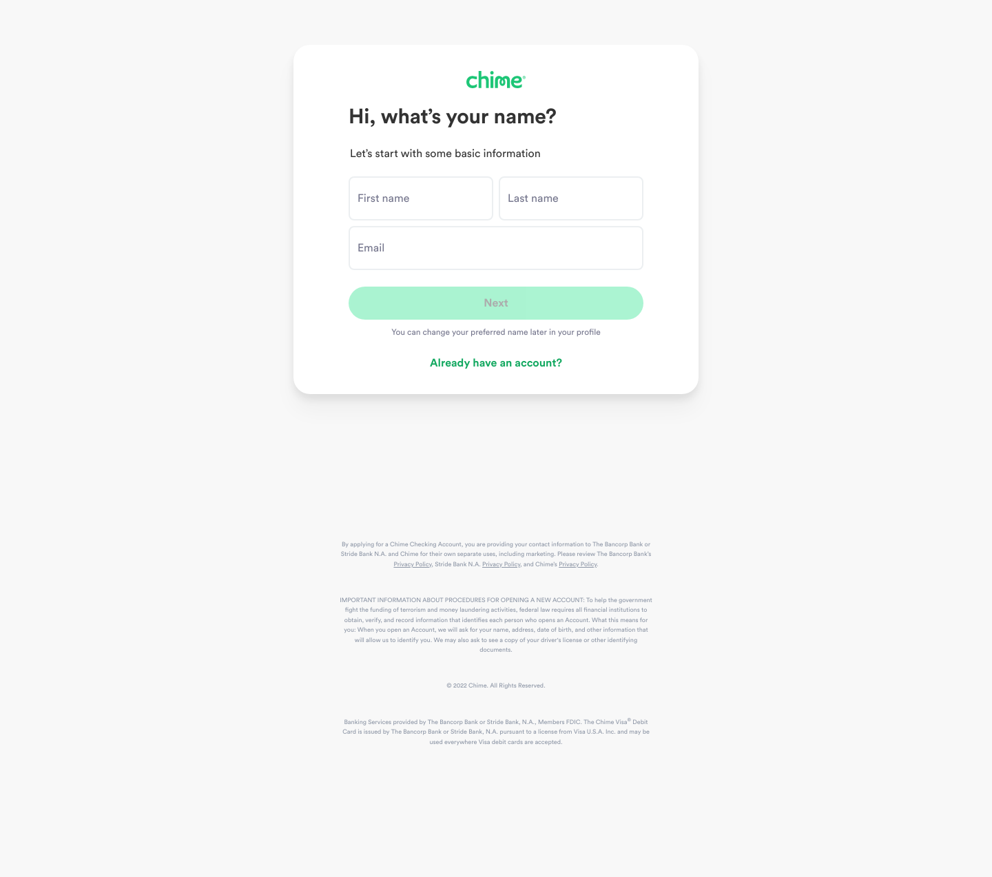 Chime Signup screenshot