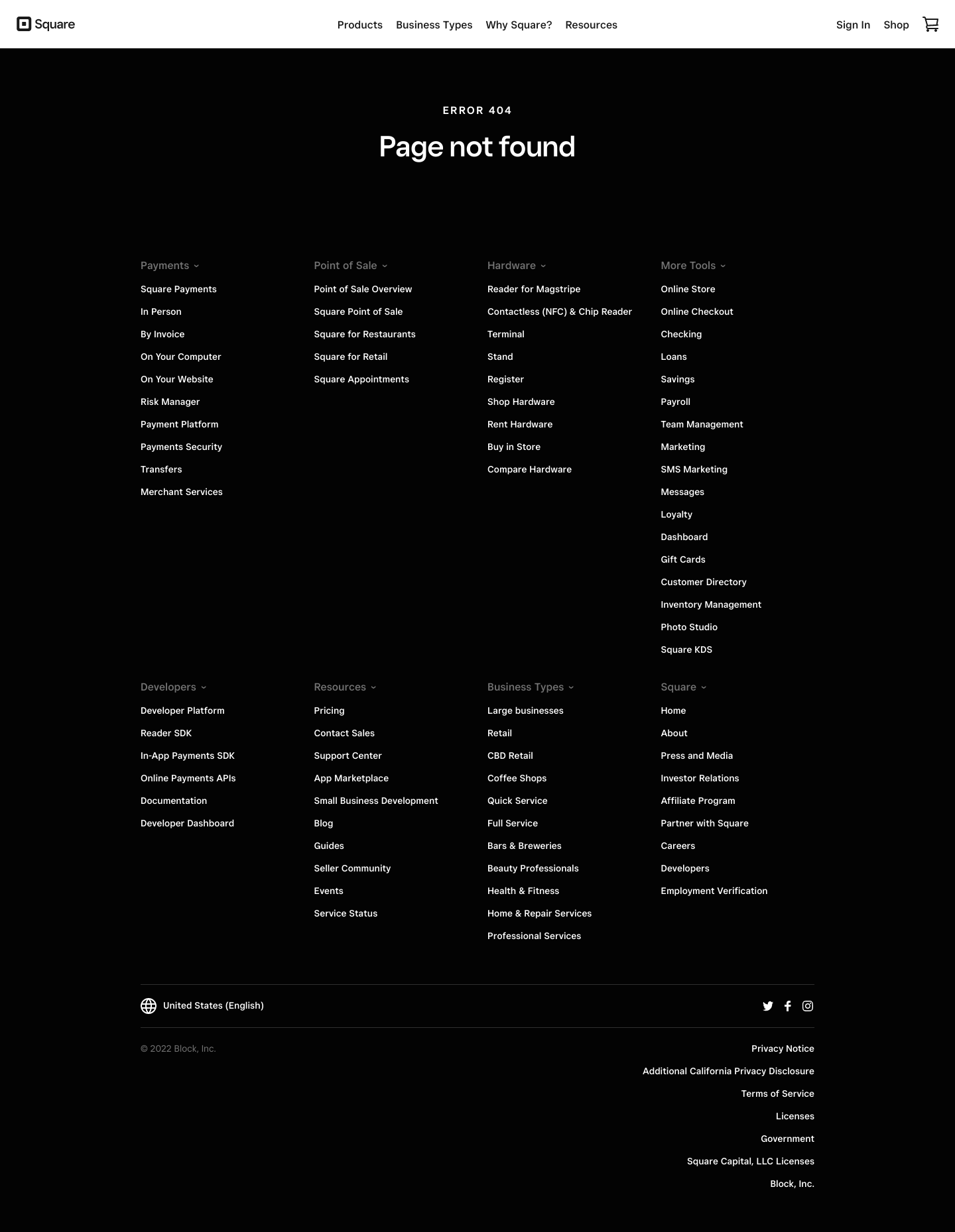 Squareup 404 screenshot