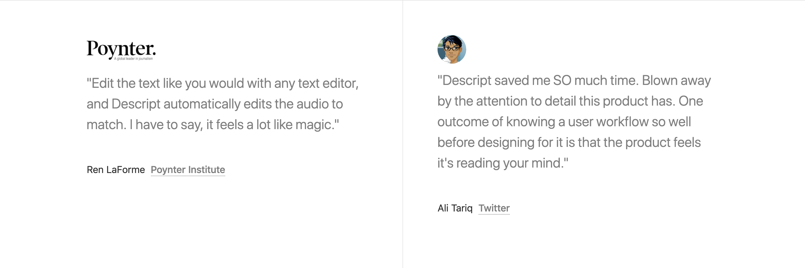 Descript Testimonial component screenshot