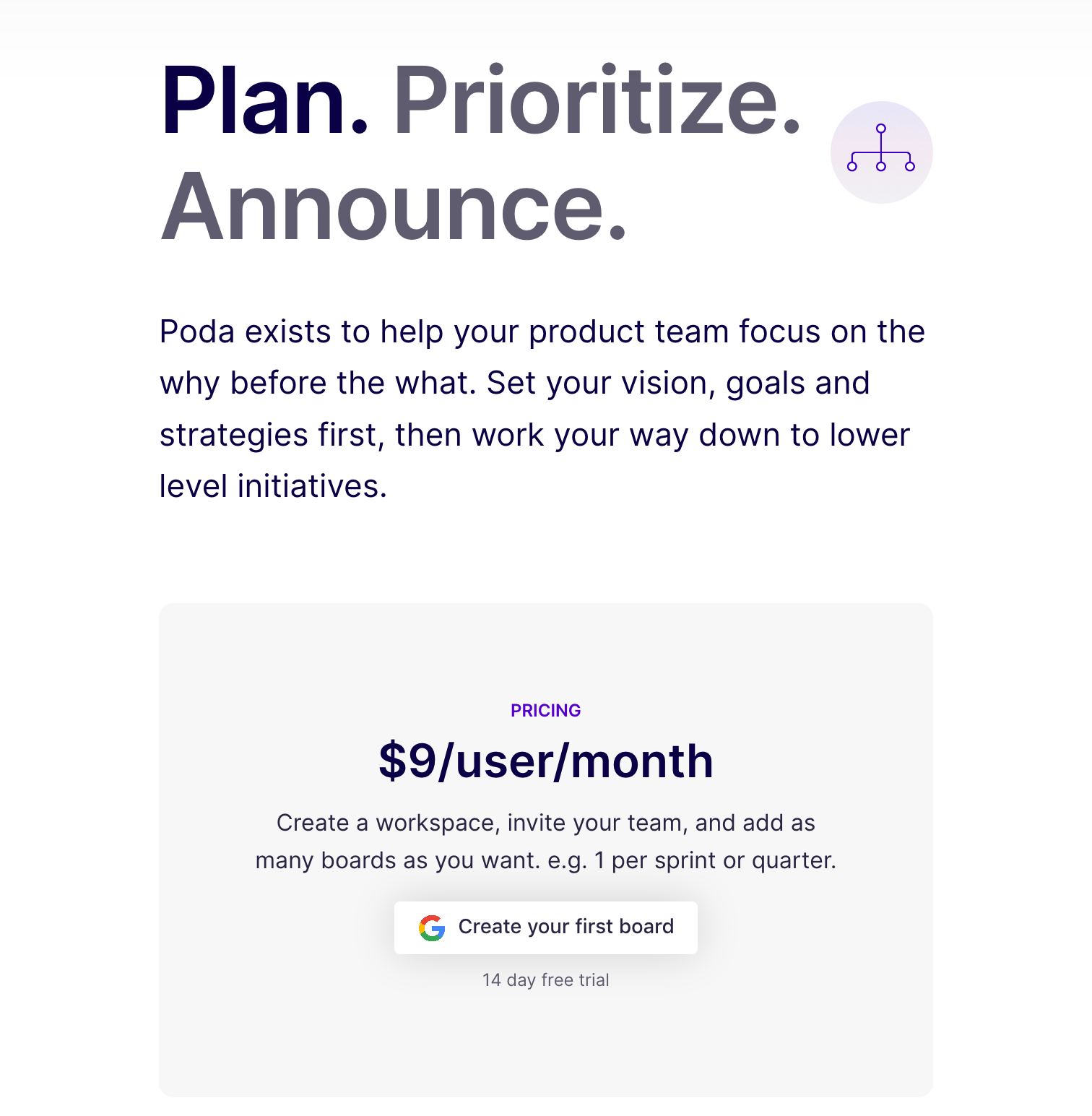 Poda Pricing component screenshot