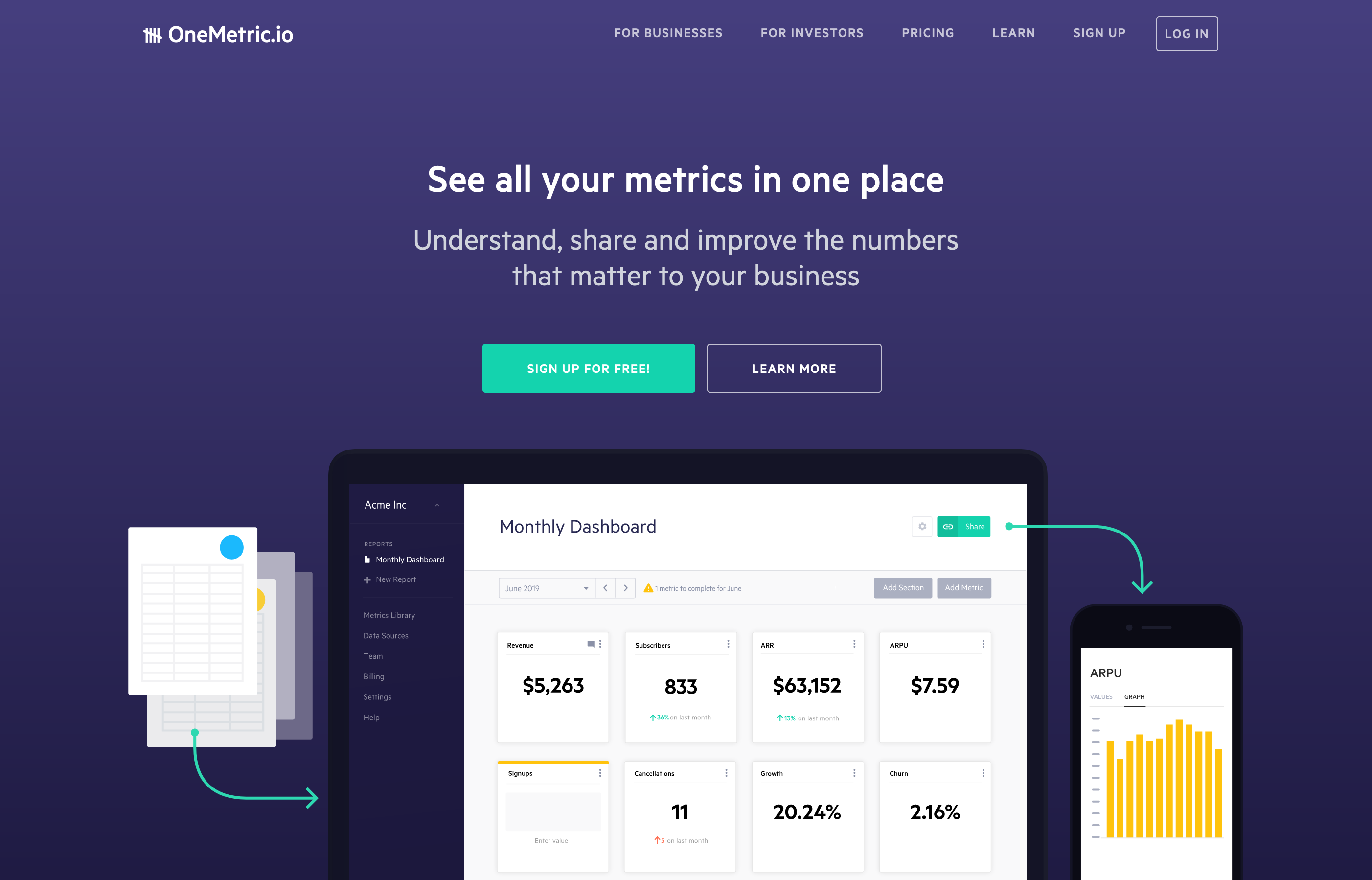 Onemetric Hero component screenshot