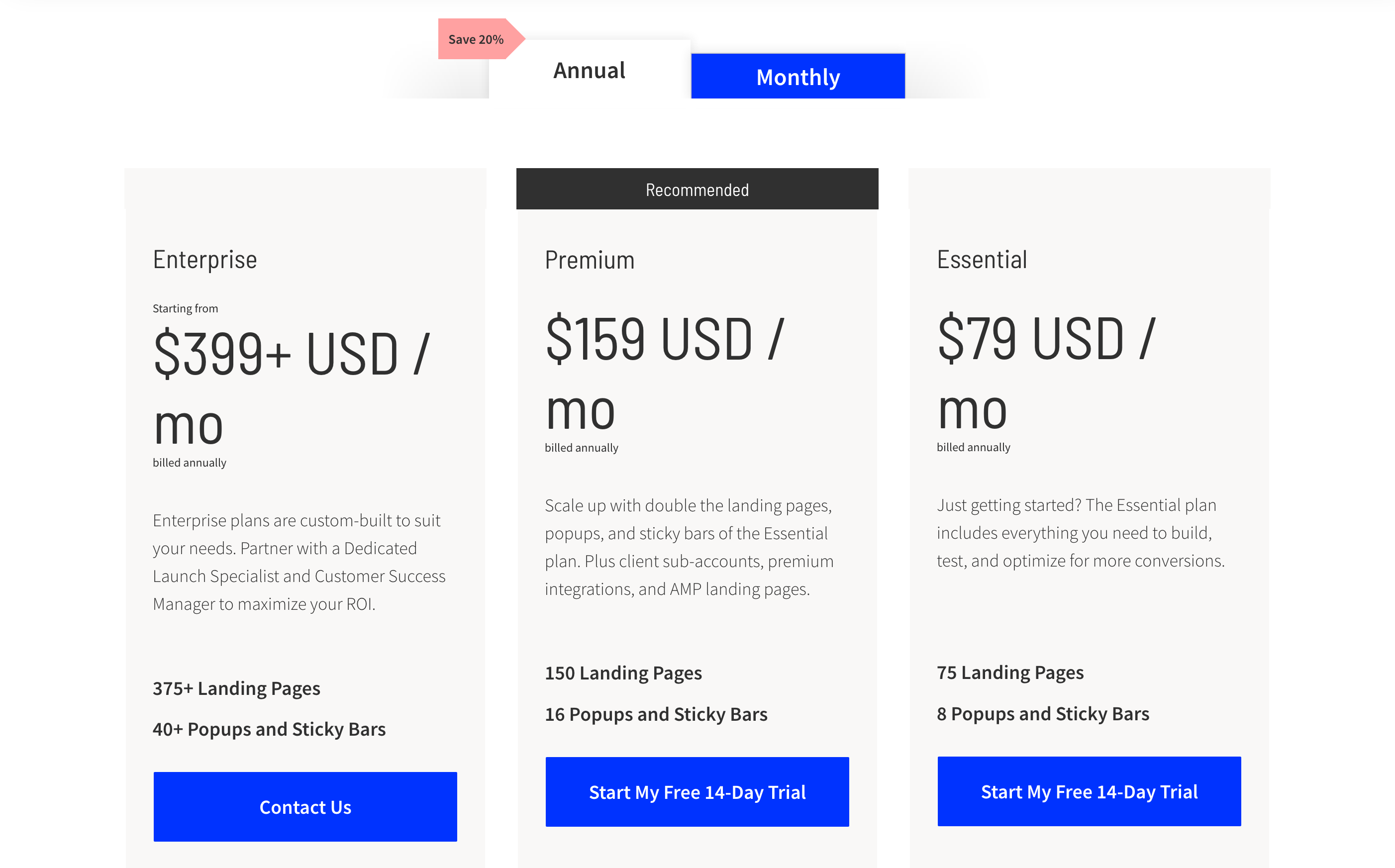 Unbounce Pricing component screenshot