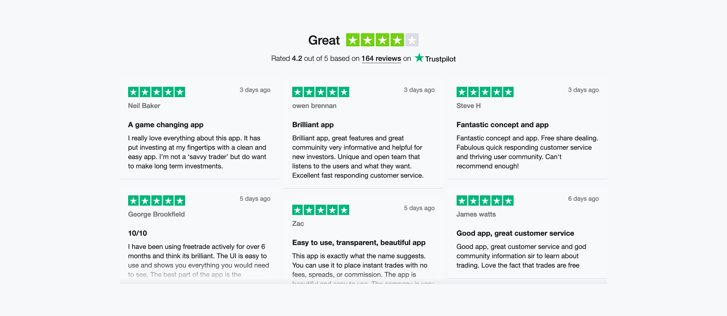 Freetrade Testimonial component screenshot