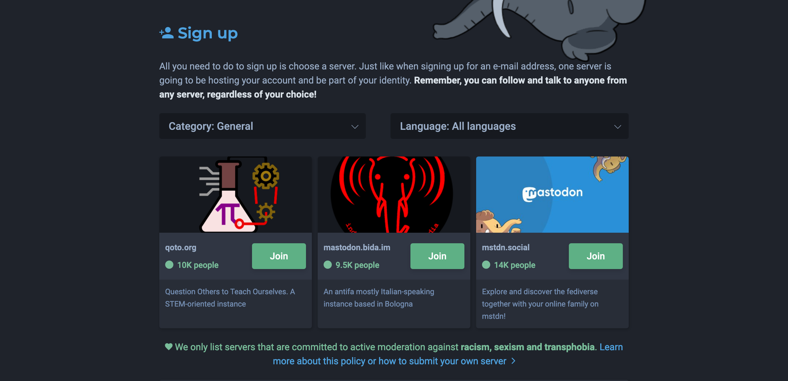 Mastodon Signup component screenshot