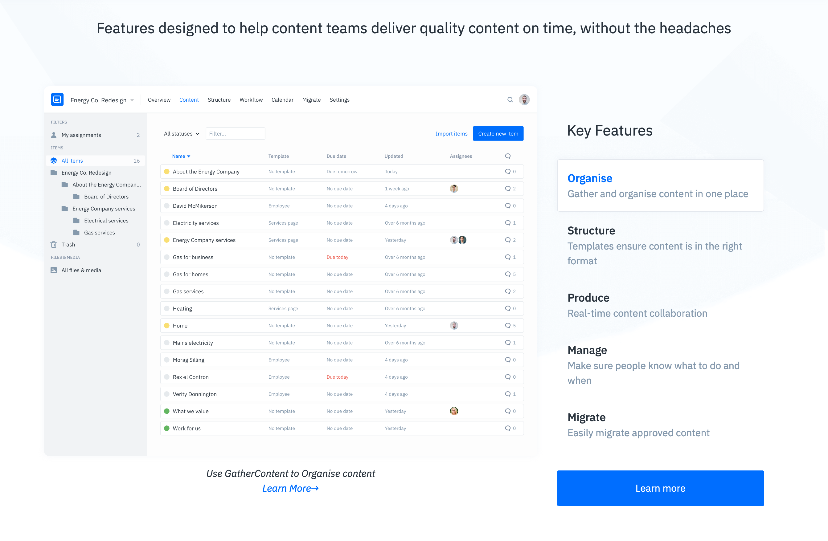 Gathercontent Feature component screenshot
