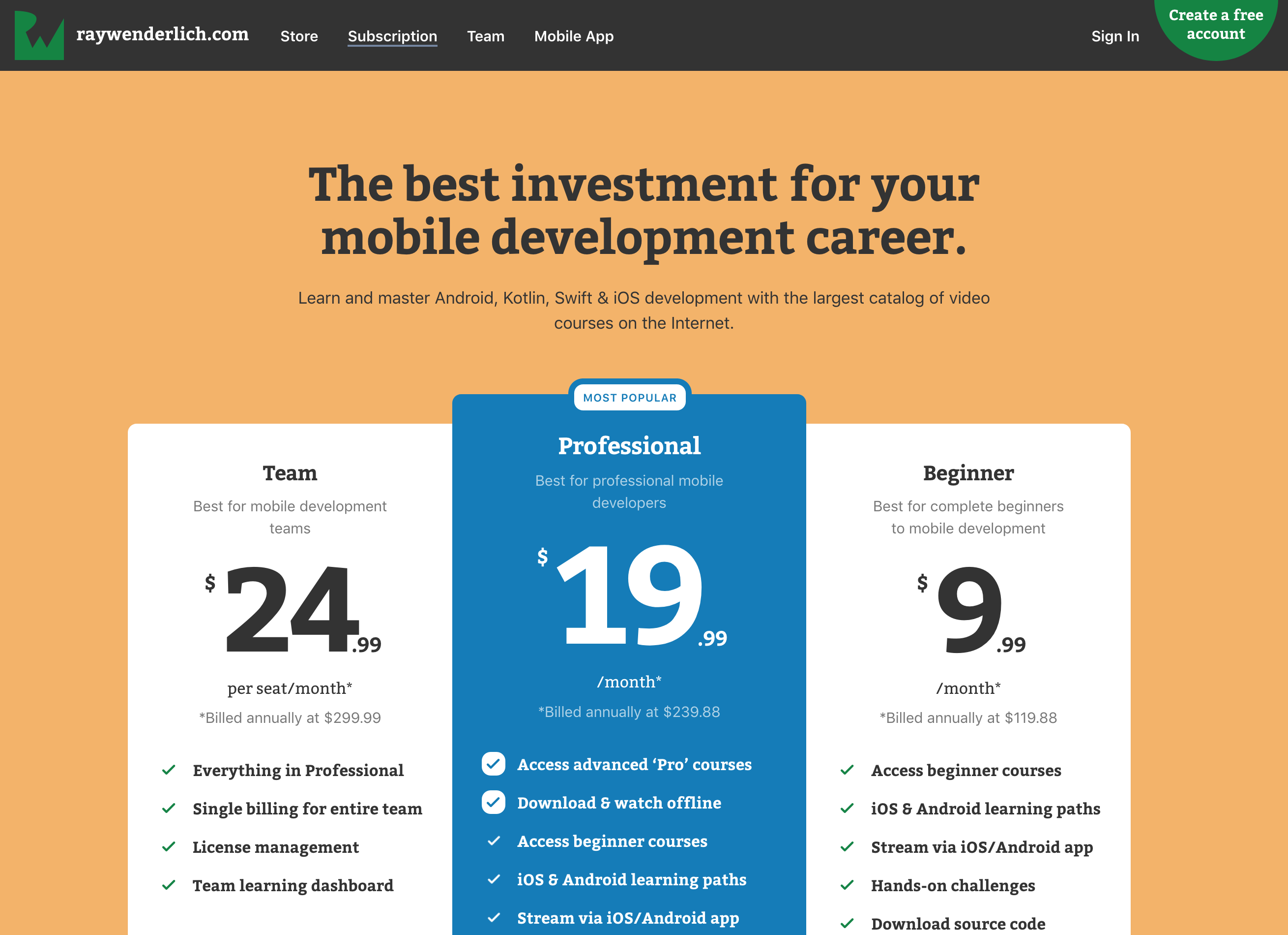 Raywenderlich Pricing component screenshot