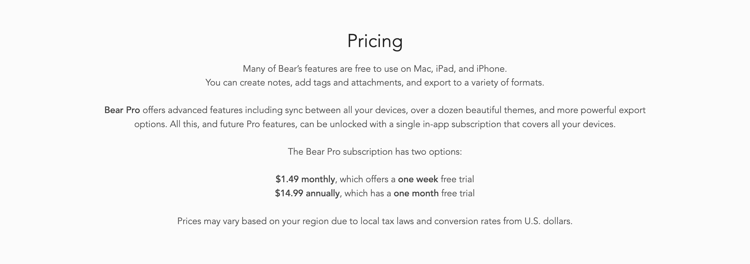 Bear Pricing component screenshot