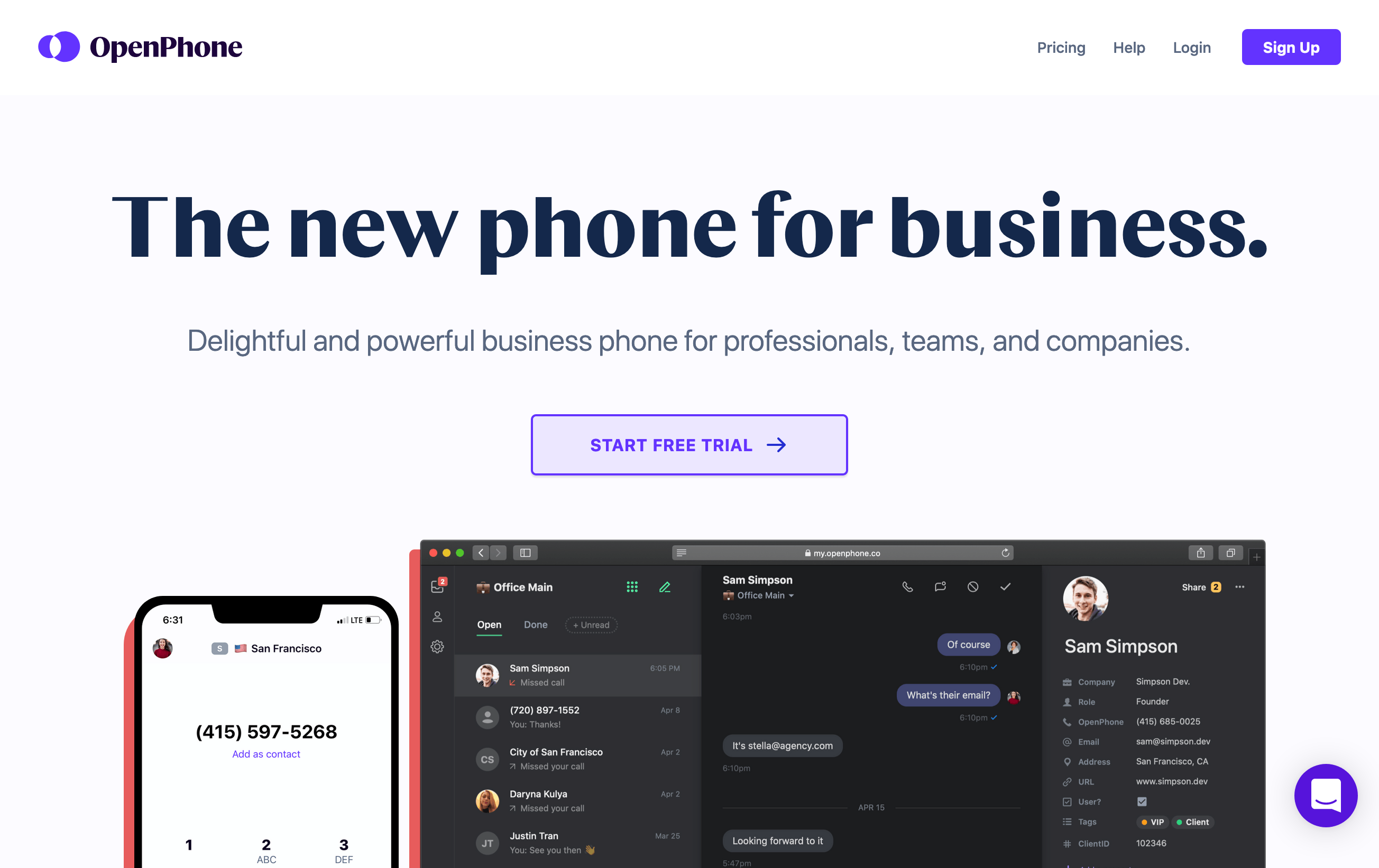 OpenPhone Hero component screenshot
