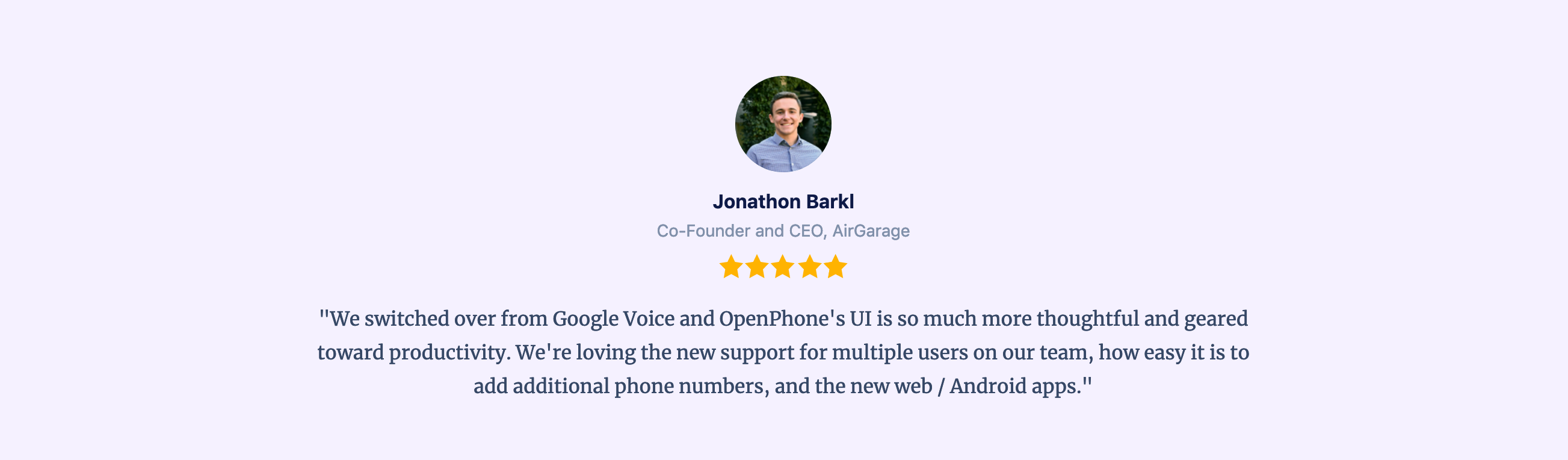 OpenPhone Testimonial component screenshot