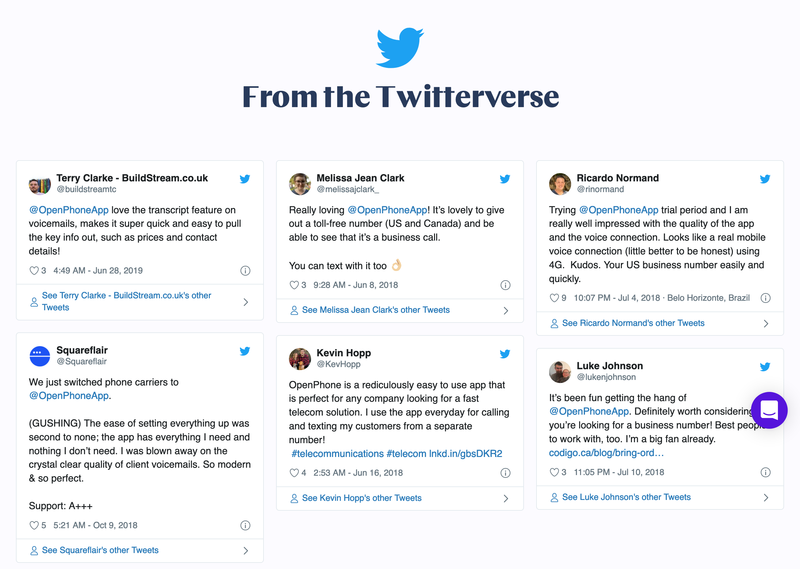 OpenPhone Testimonial component screenshot
