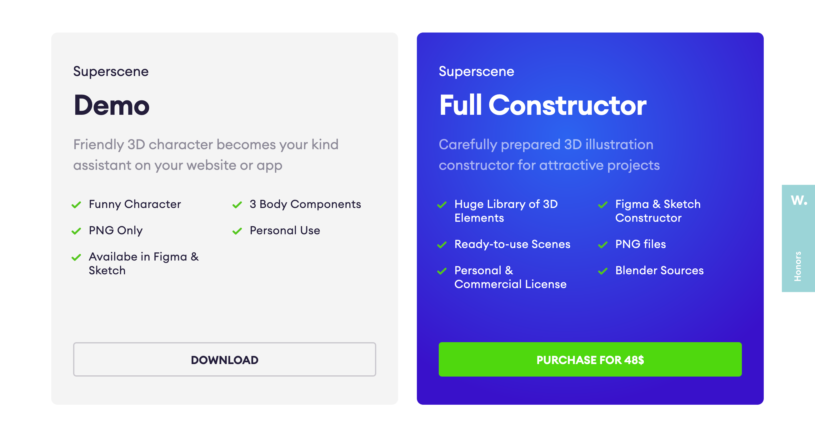 Superscene Pricing component screenshot