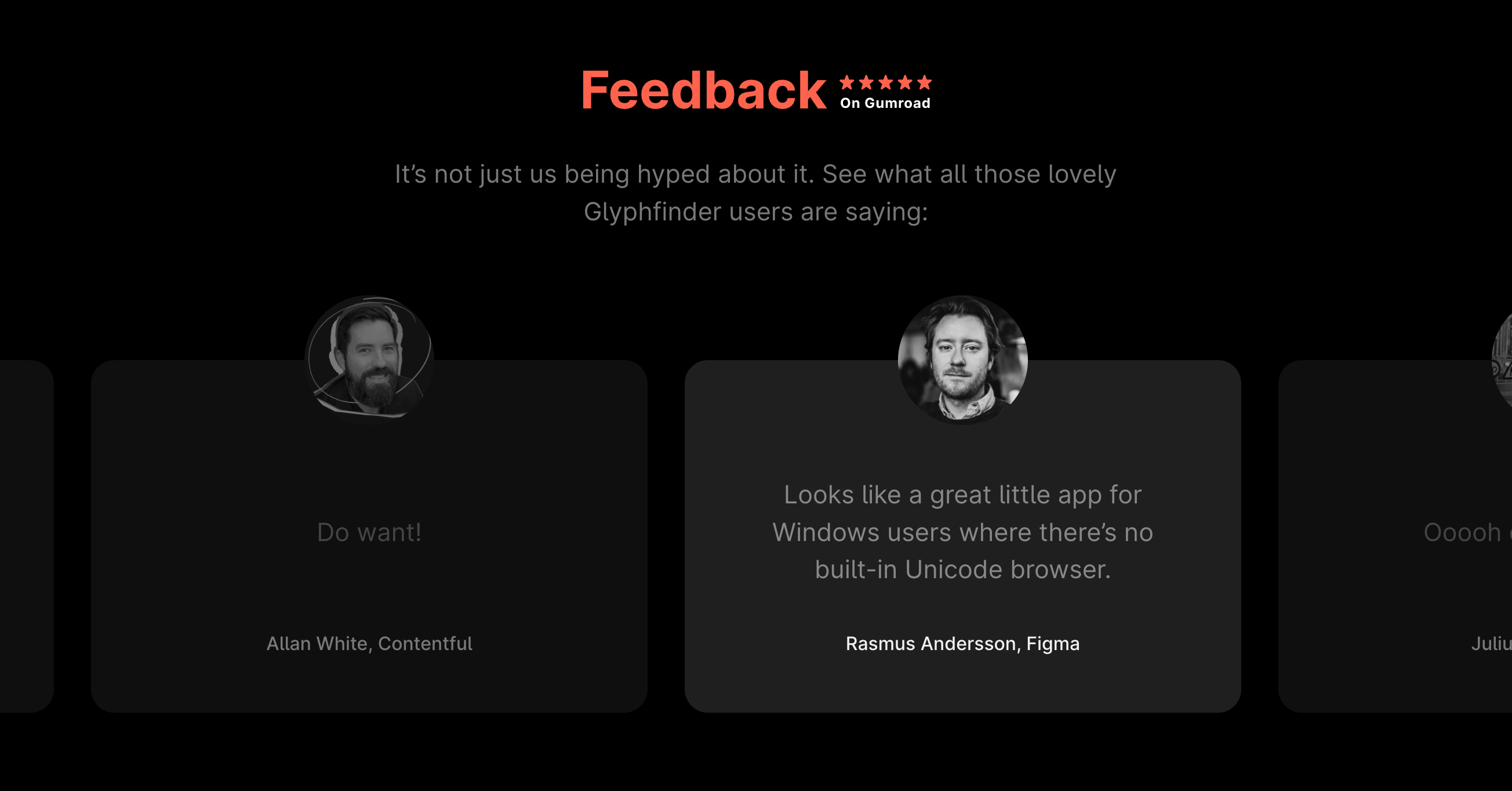 Glyphfinder Testimonial component screenshot
