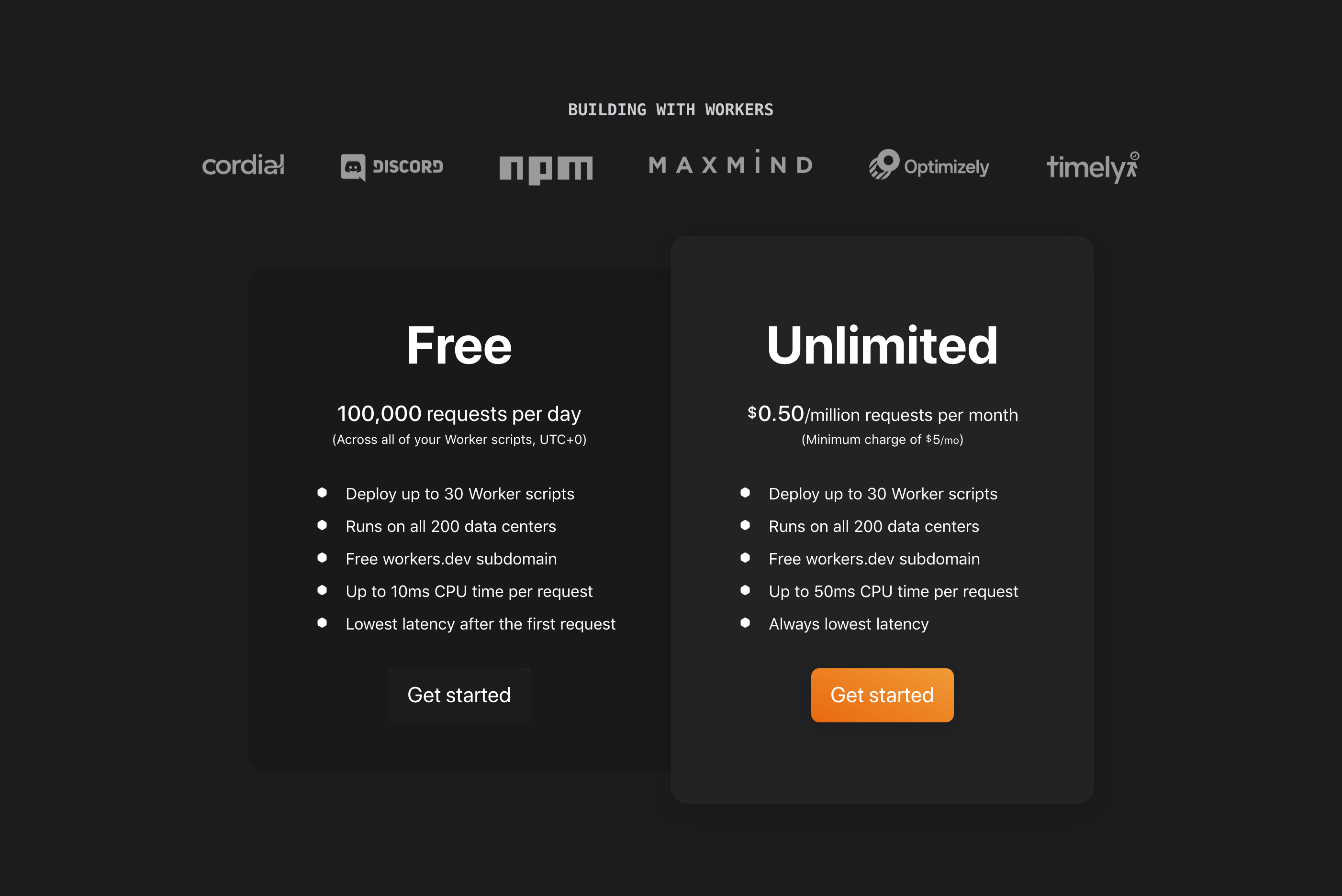 Cloudflare Workers Pricing component screenshot