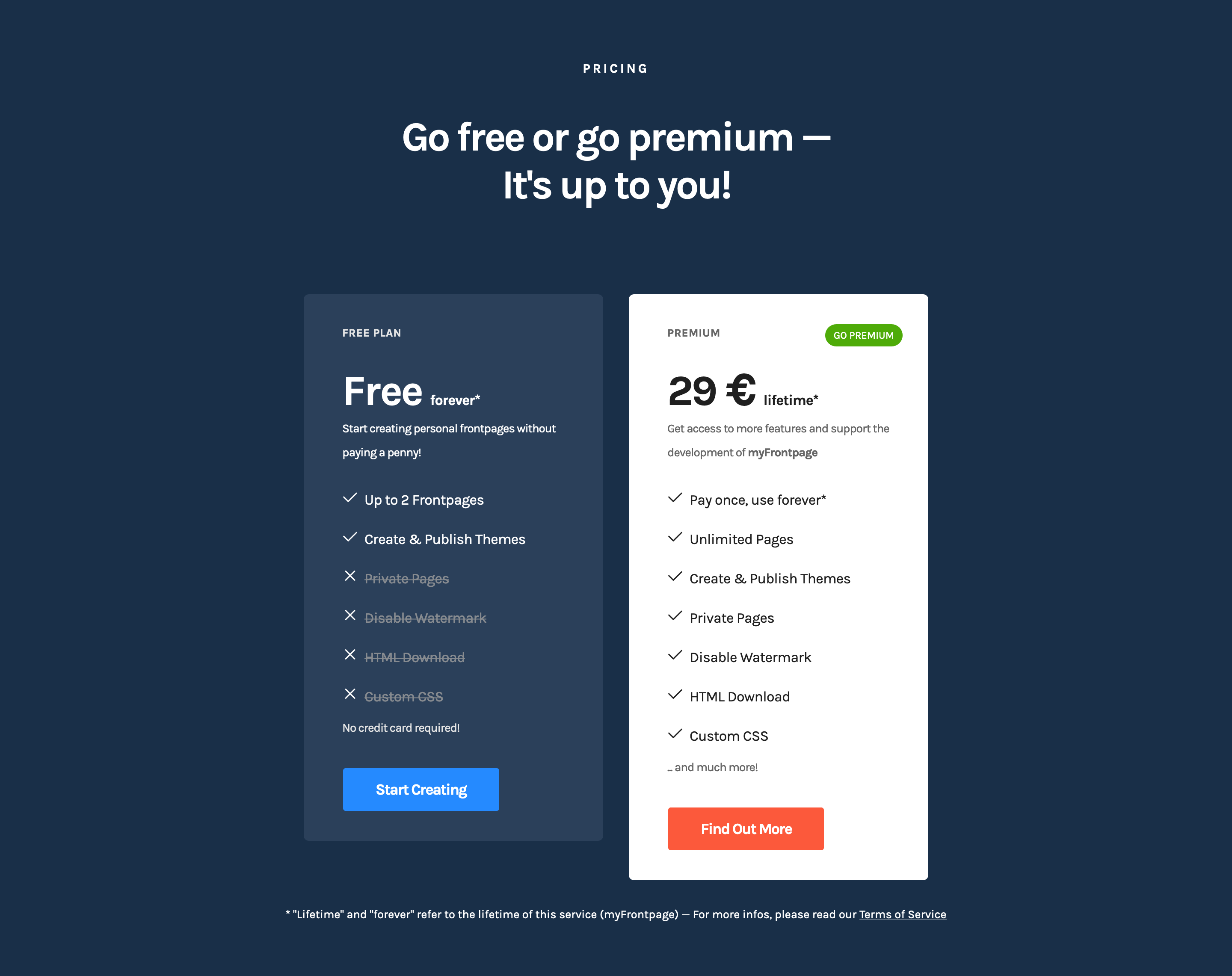 Myfront Pricing component screenshot