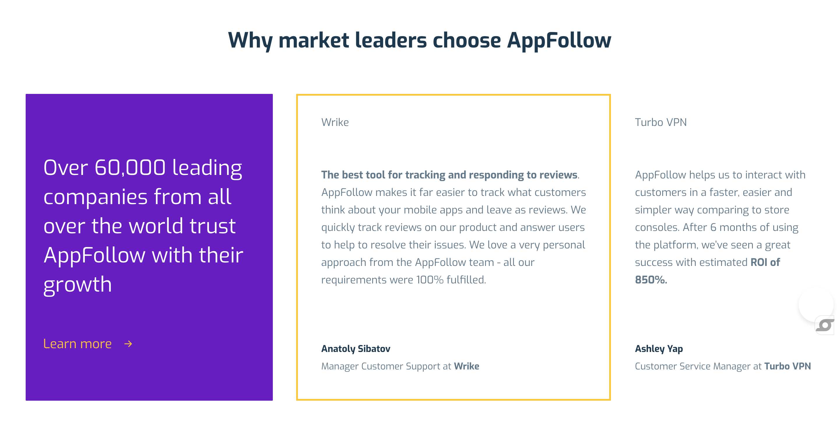 Appfollow Testimonial component screenshot
