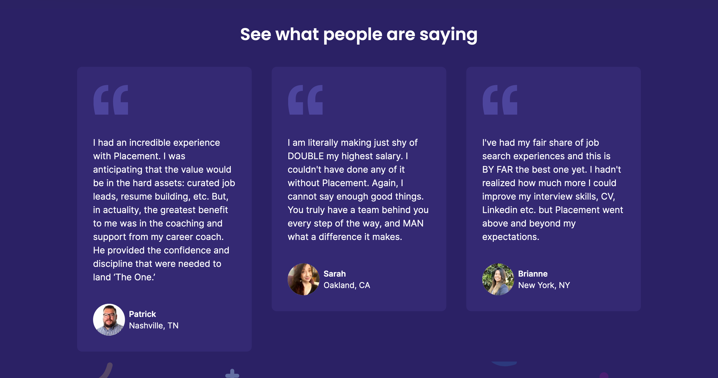 Placement Testimonial component screenshot