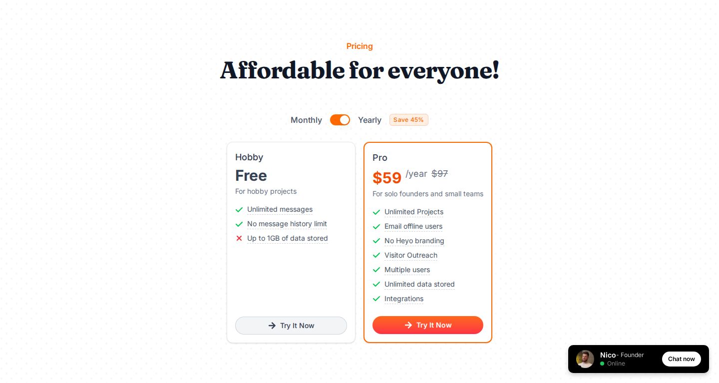 Heyo Pricing component screenshot