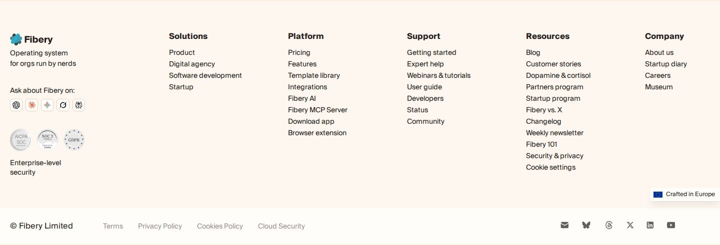 Fibery: light multi column footer screenshot