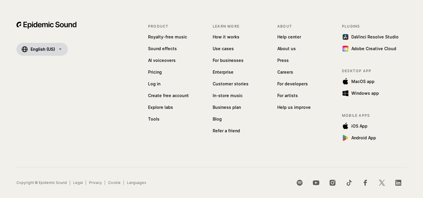 Epidemic Sound Footer component screenshot