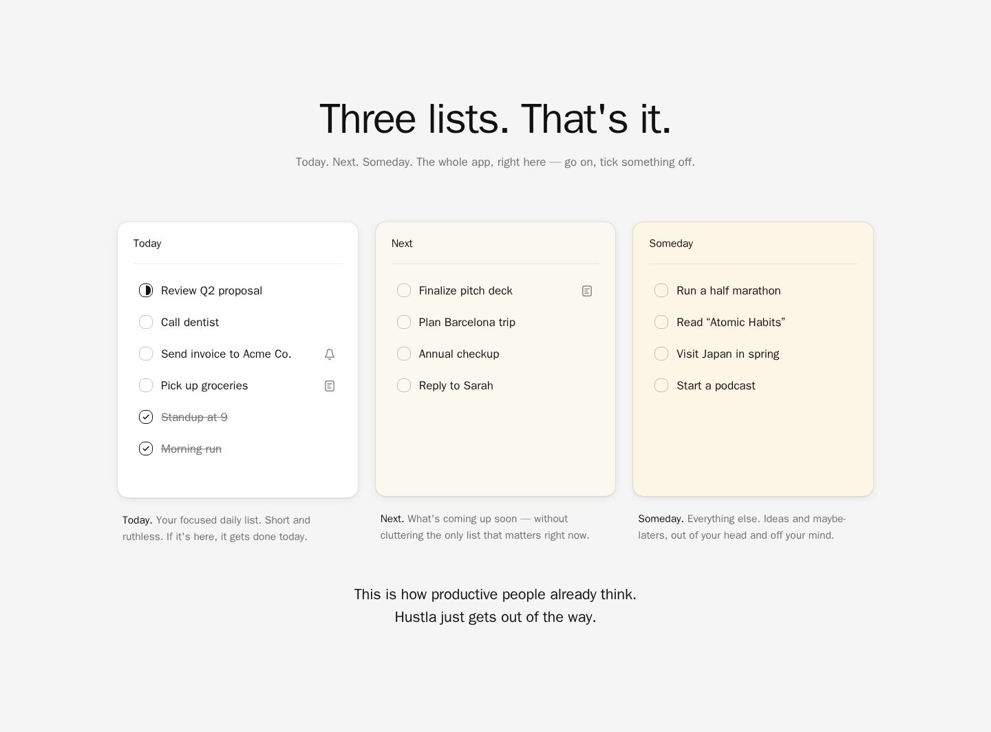 Hustla: light 3-column grid feature screenshot