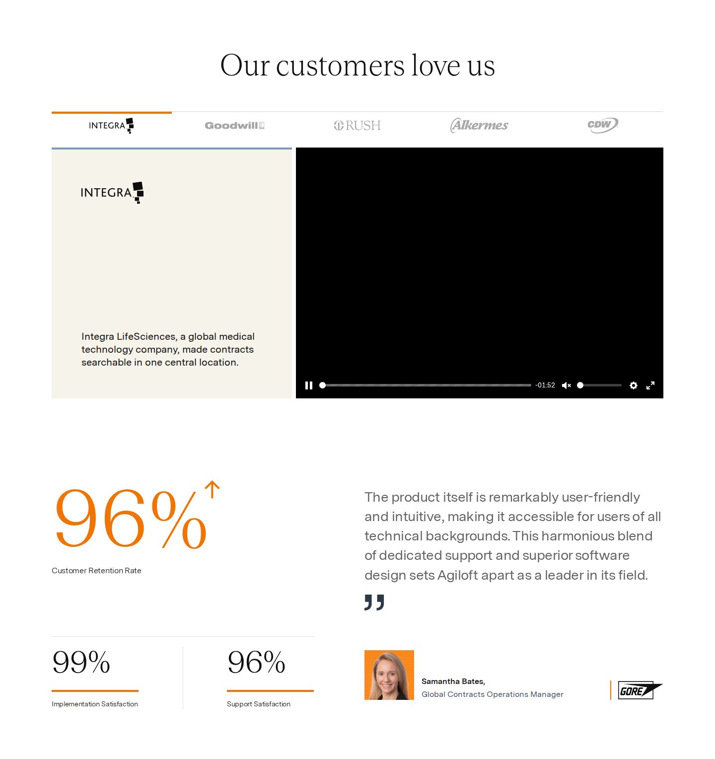 Agiloft: light logos and quote testimonial screenshot