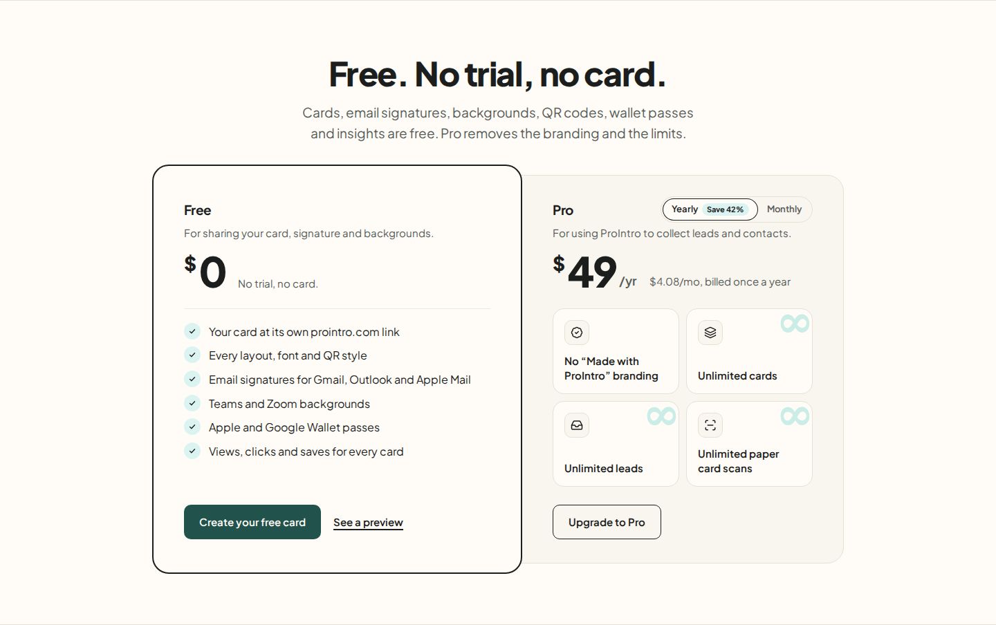 ProIntro Pricing component screenshot