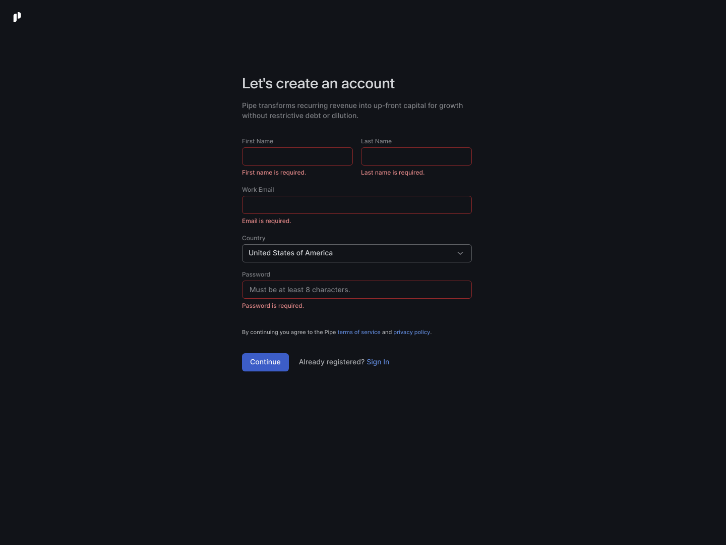 Pipe Signup screenshot