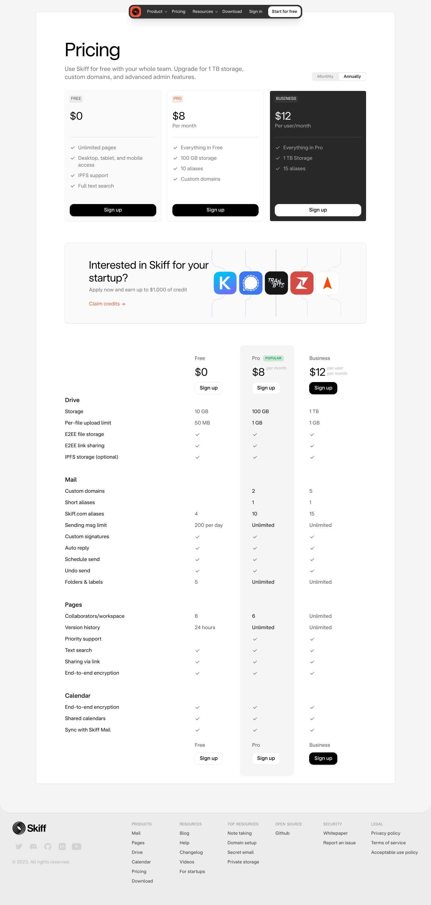 Skiff  Pricing screenshot
