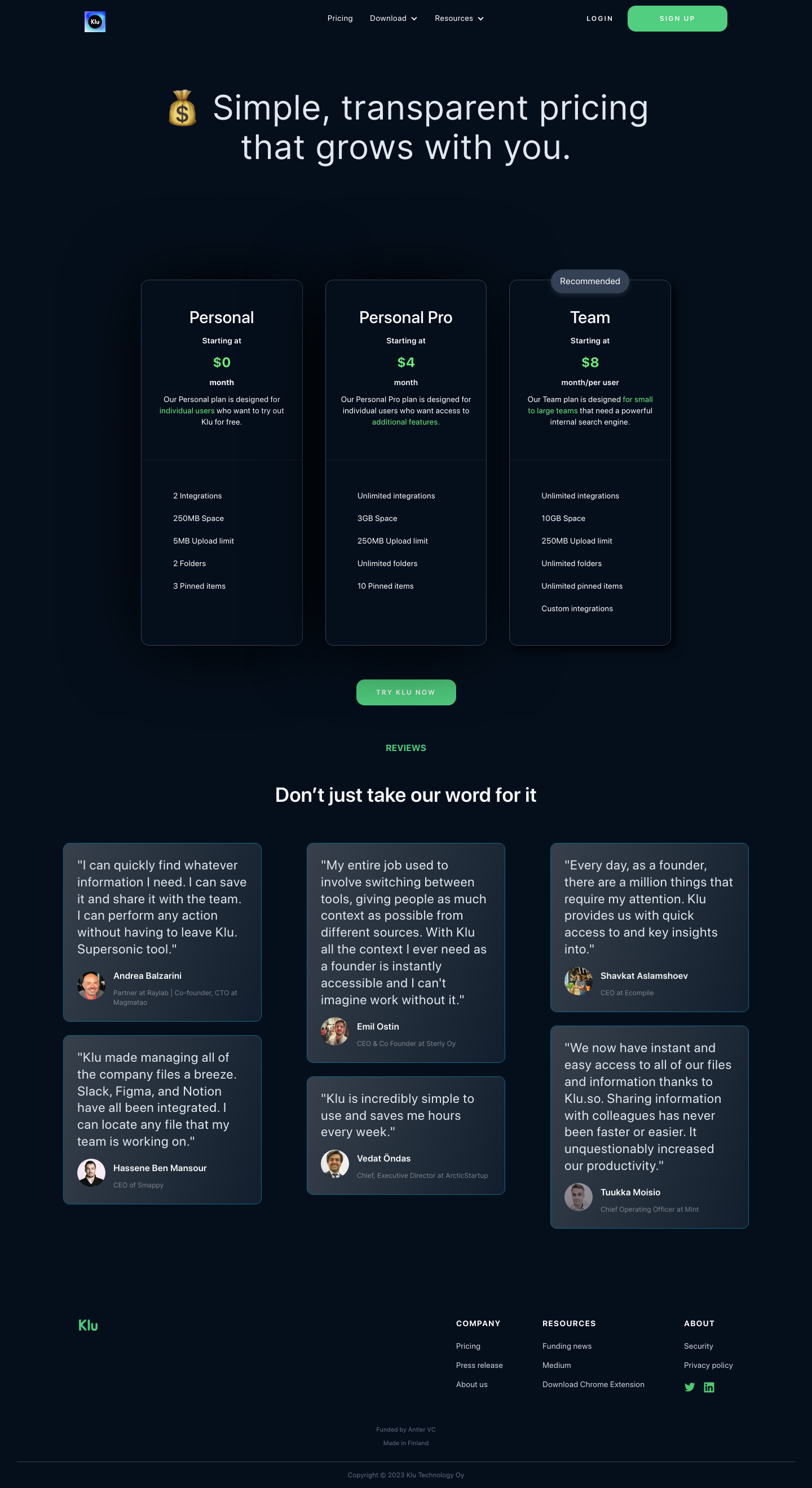 Klu Pricing screenshot