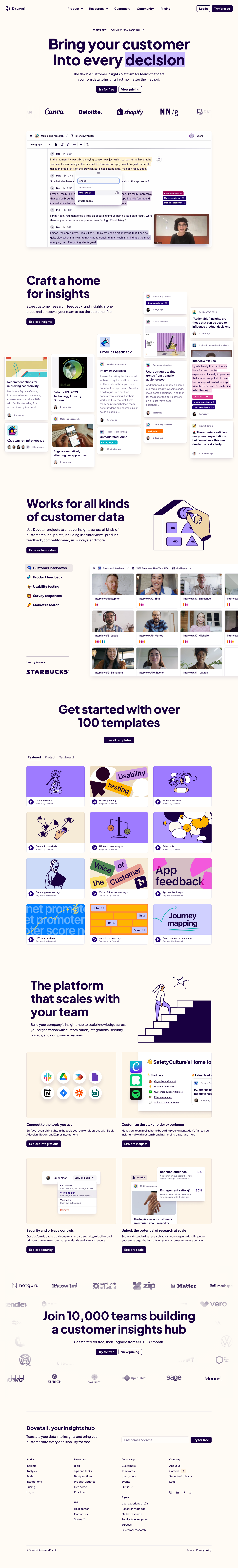Dovetail Landing Page screenshot