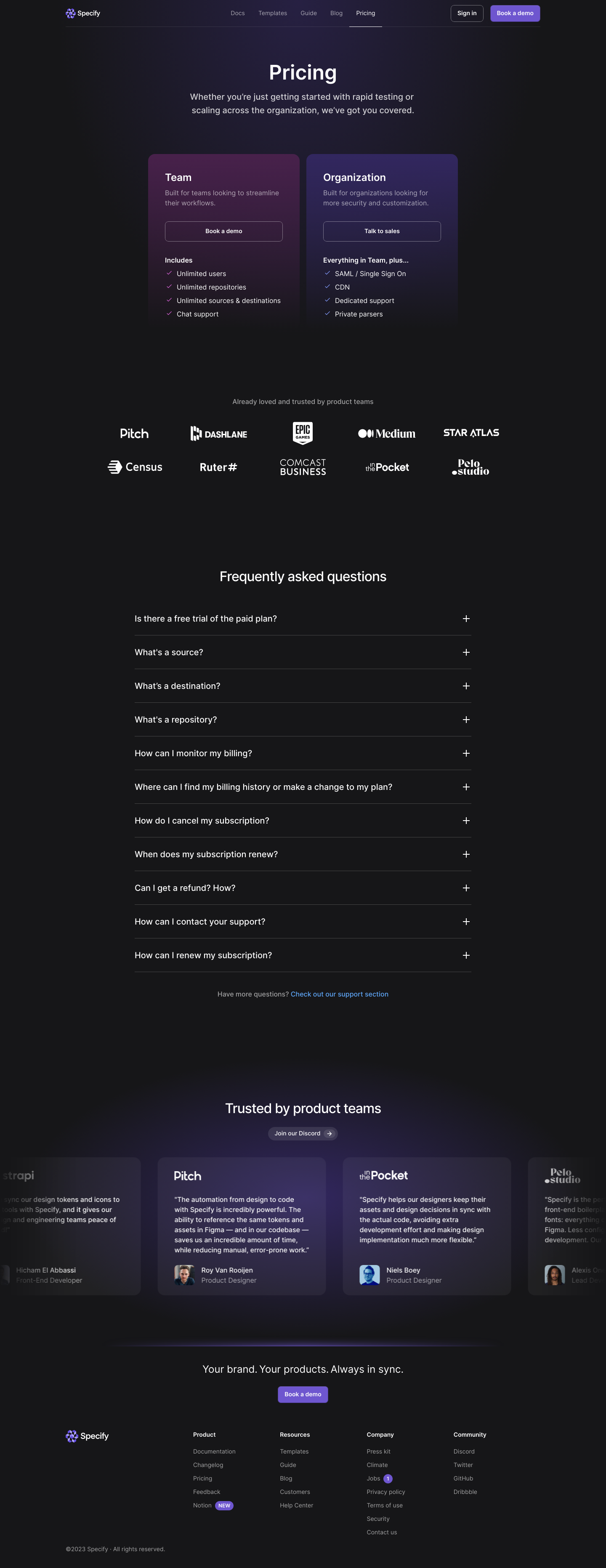 Specify Pricing screenshot