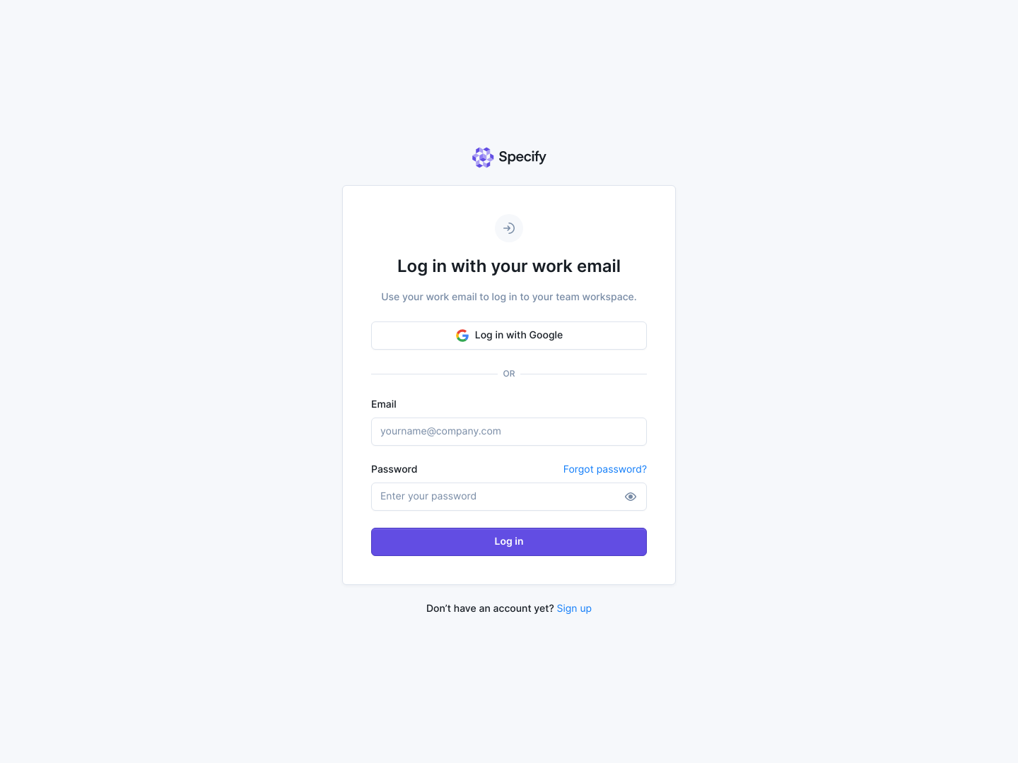 Specify Login screenshot