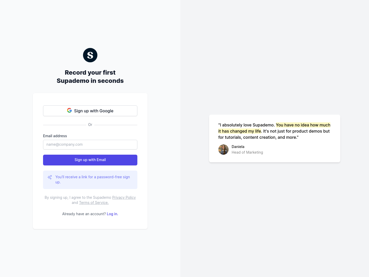Supademo Signup screenshot