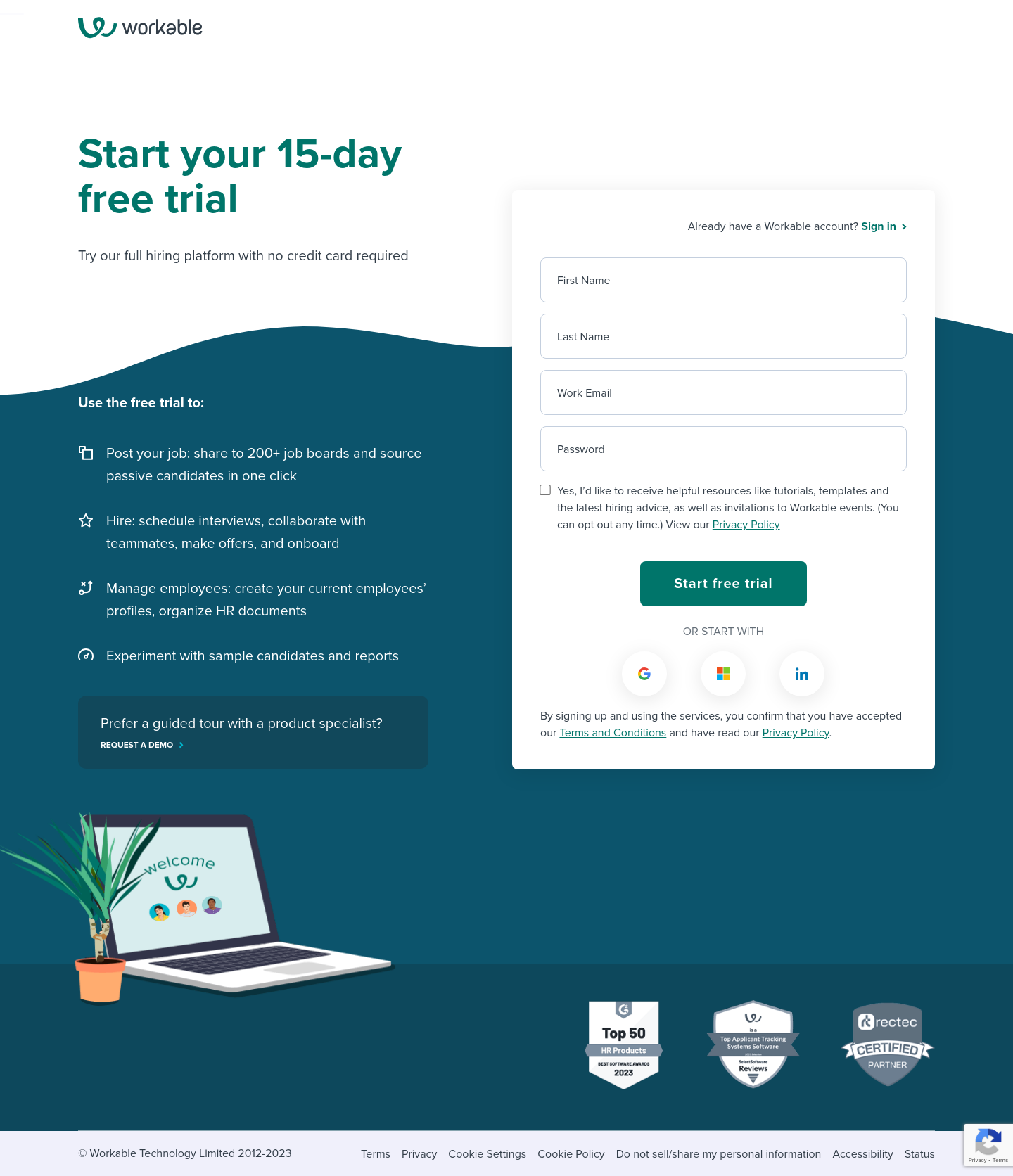 Workable Signup screenshot