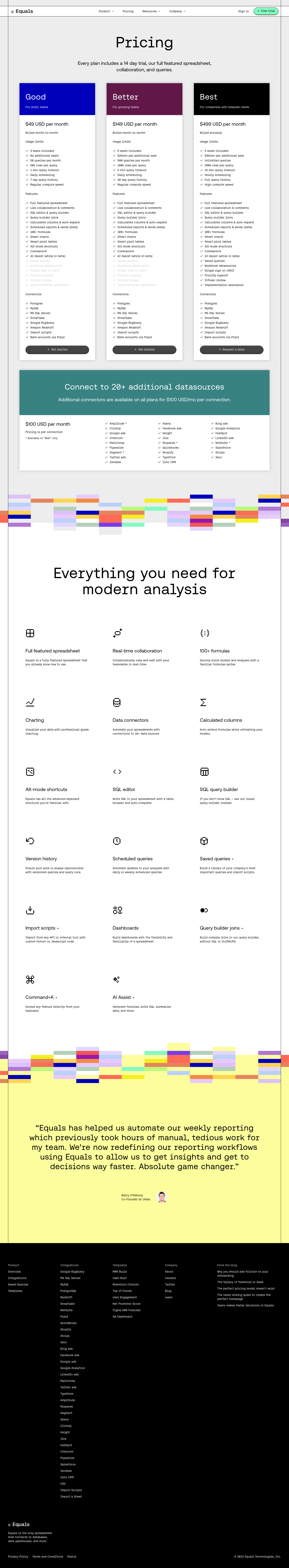 Equals Pricing screenshot