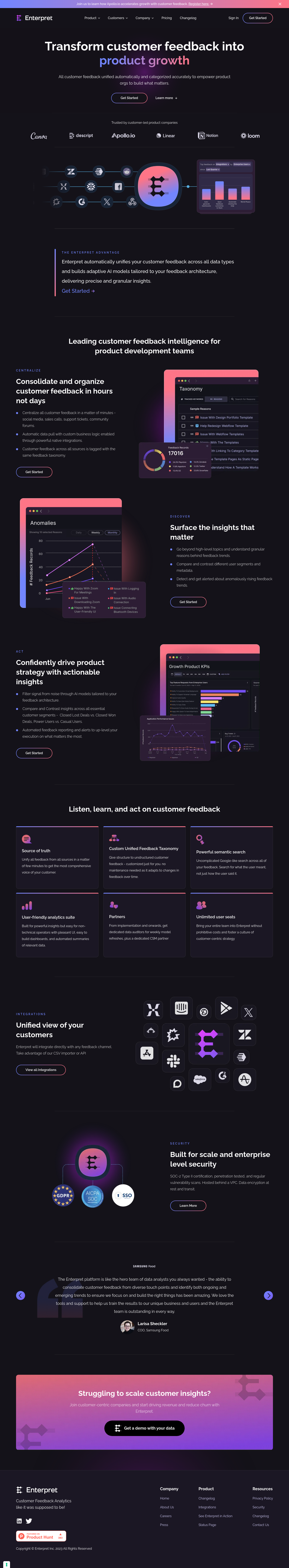 Enterpret Landing Page screenshot