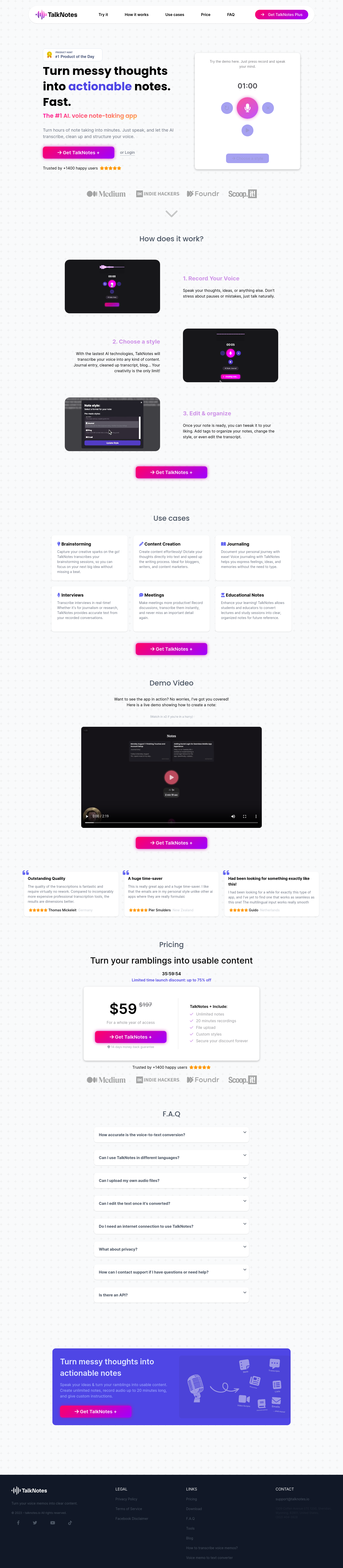 TalkNotes Landing Page screenshot