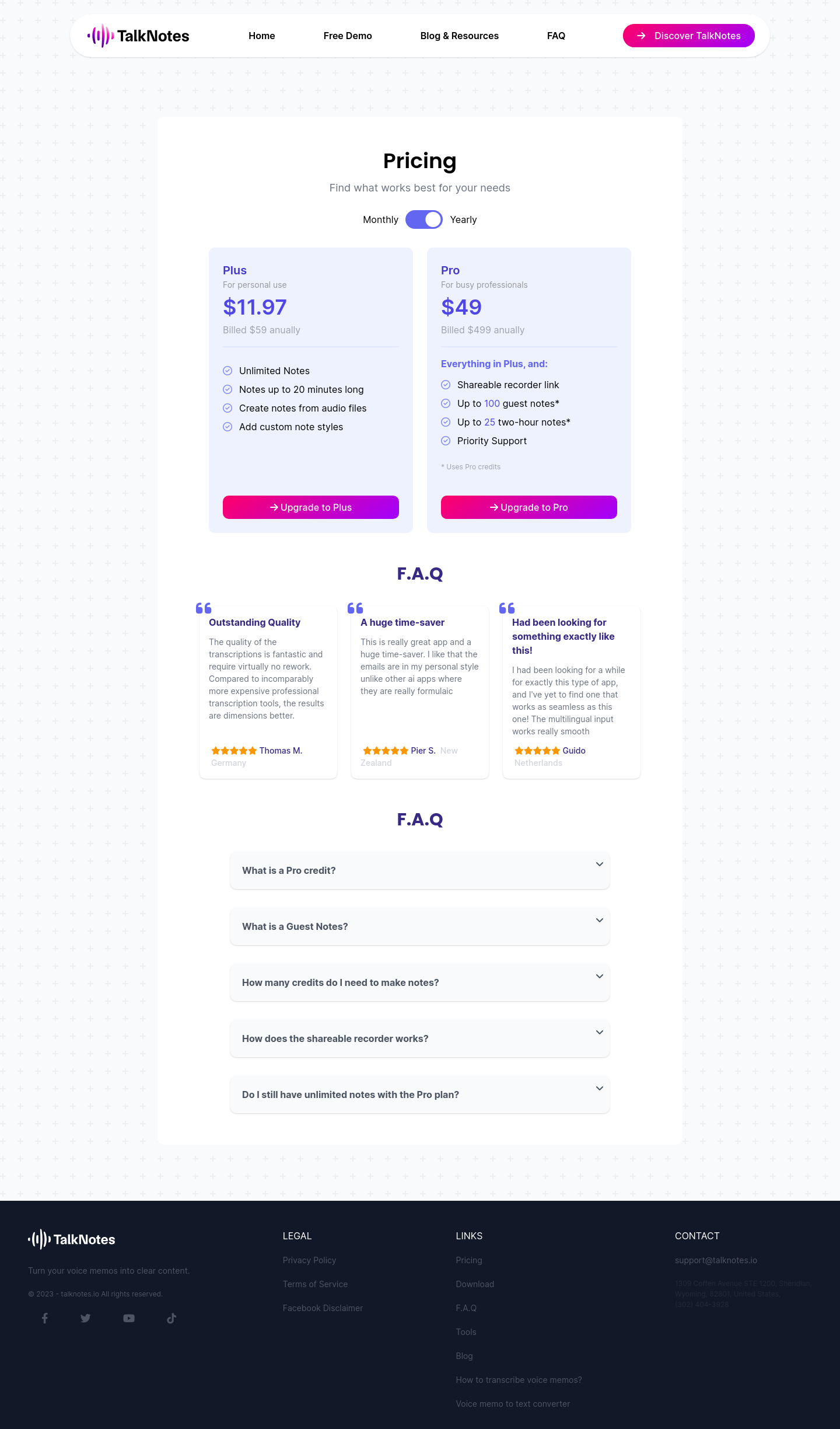 TalkNotes Pricing screenshot