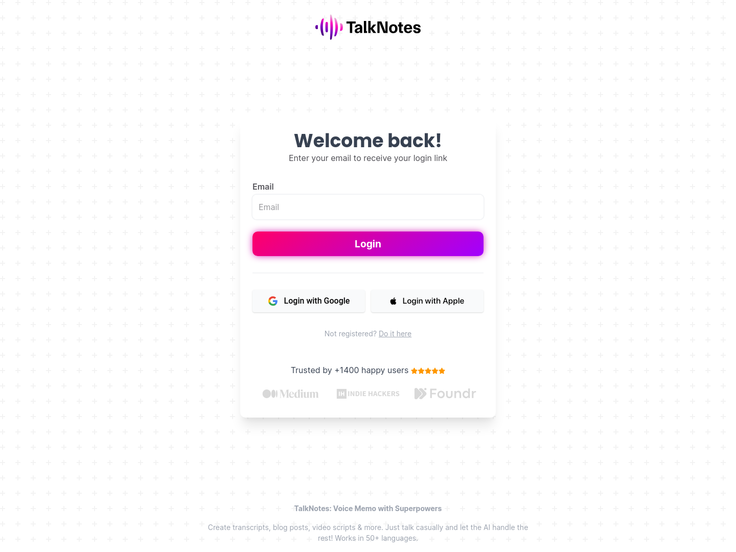 TalkNotes Login screenshot