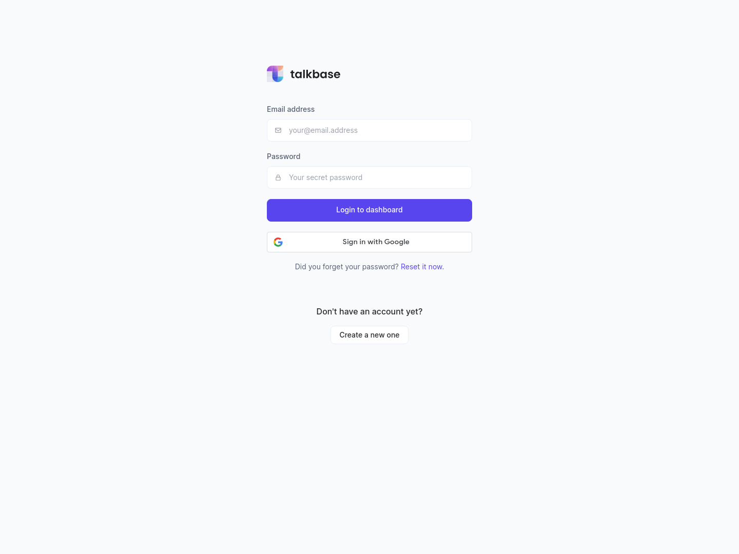 Talkbase.io  Login screenshot
