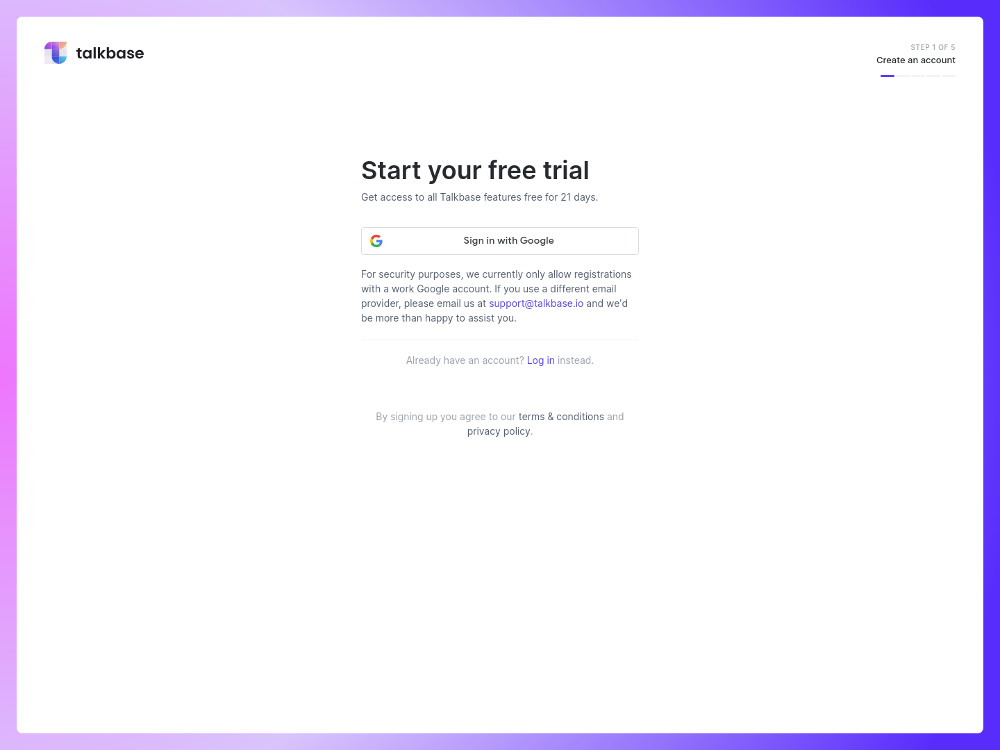 Talkbase.io  Signup screenshot
