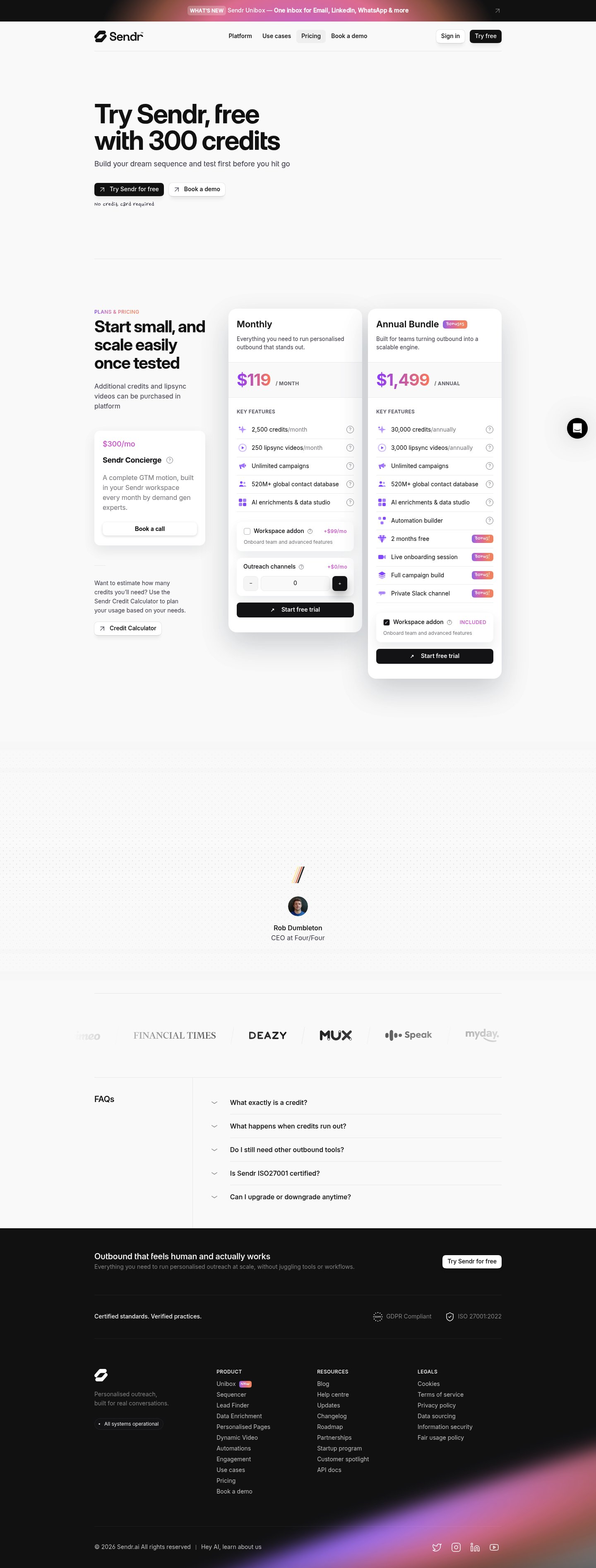 Sendr Pricing screenshot
