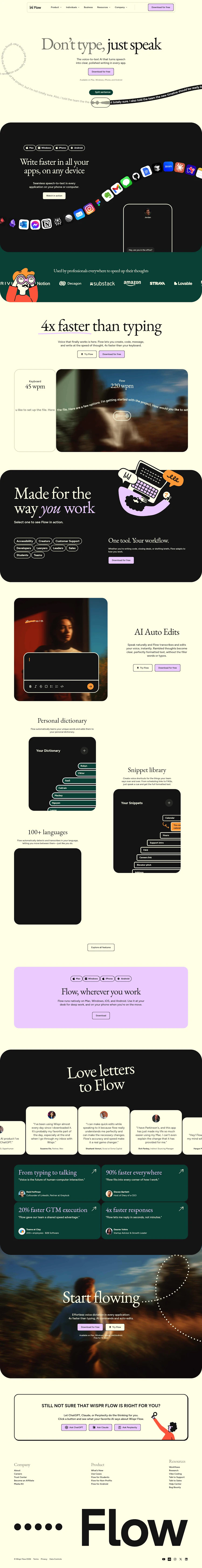 Wispr Flow Landing Page screenshot
