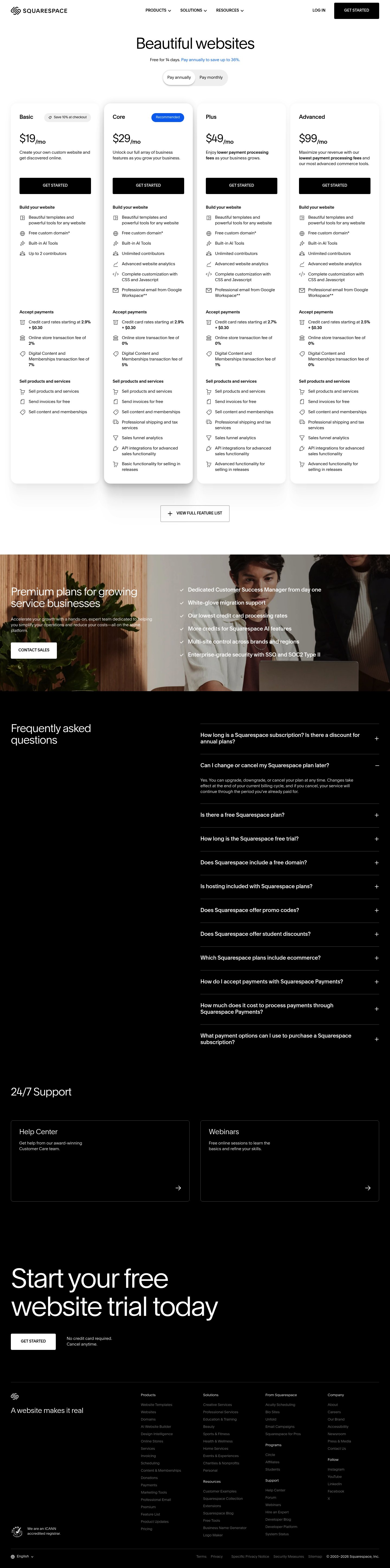 Squarespace Pricing screenshot