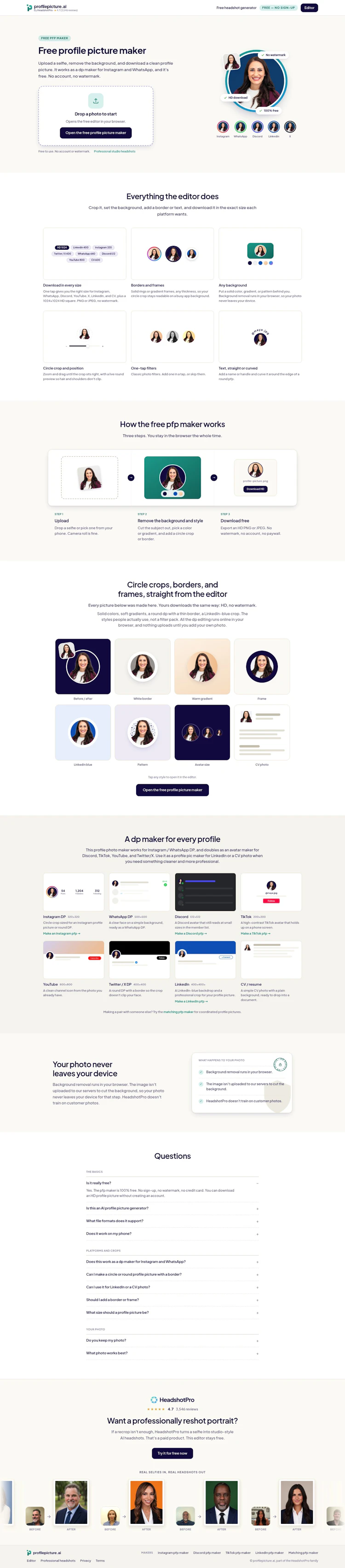 Free Profile Picture Maker — PFP & DP Maker | profilepicture.ai Landing Page screenshot