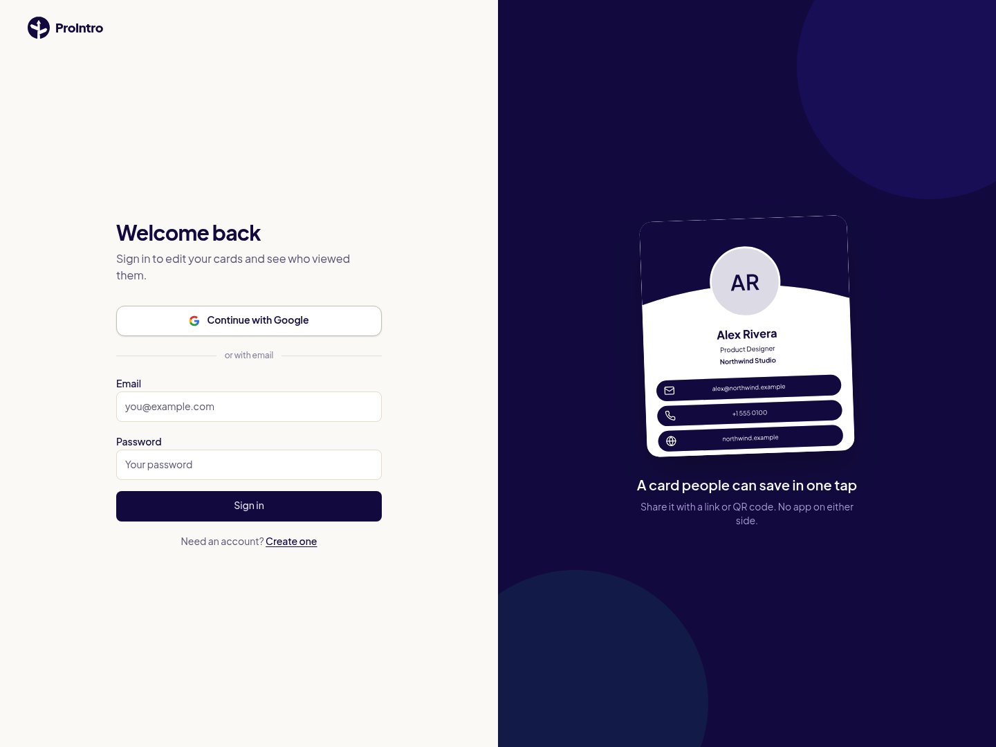 ProIntro Login screenshot